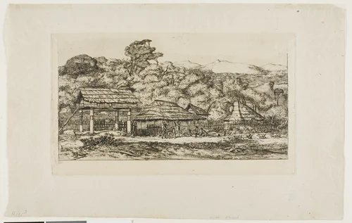 Native Barns and Huts at Akaroa, Banks' Peninsula, 1845 by Charles Meryon, print, 1865