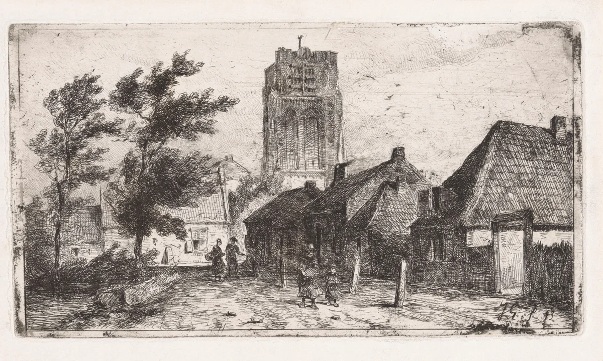 Dorpsgezicht met kerktoren by Jan Gerard Smits, print, 1873