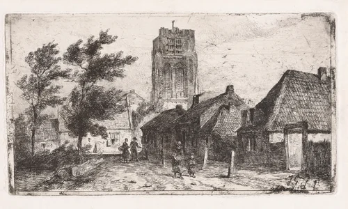 Dorpsgezicht met kerktoren by Jan Gerard Smits, print, 1873