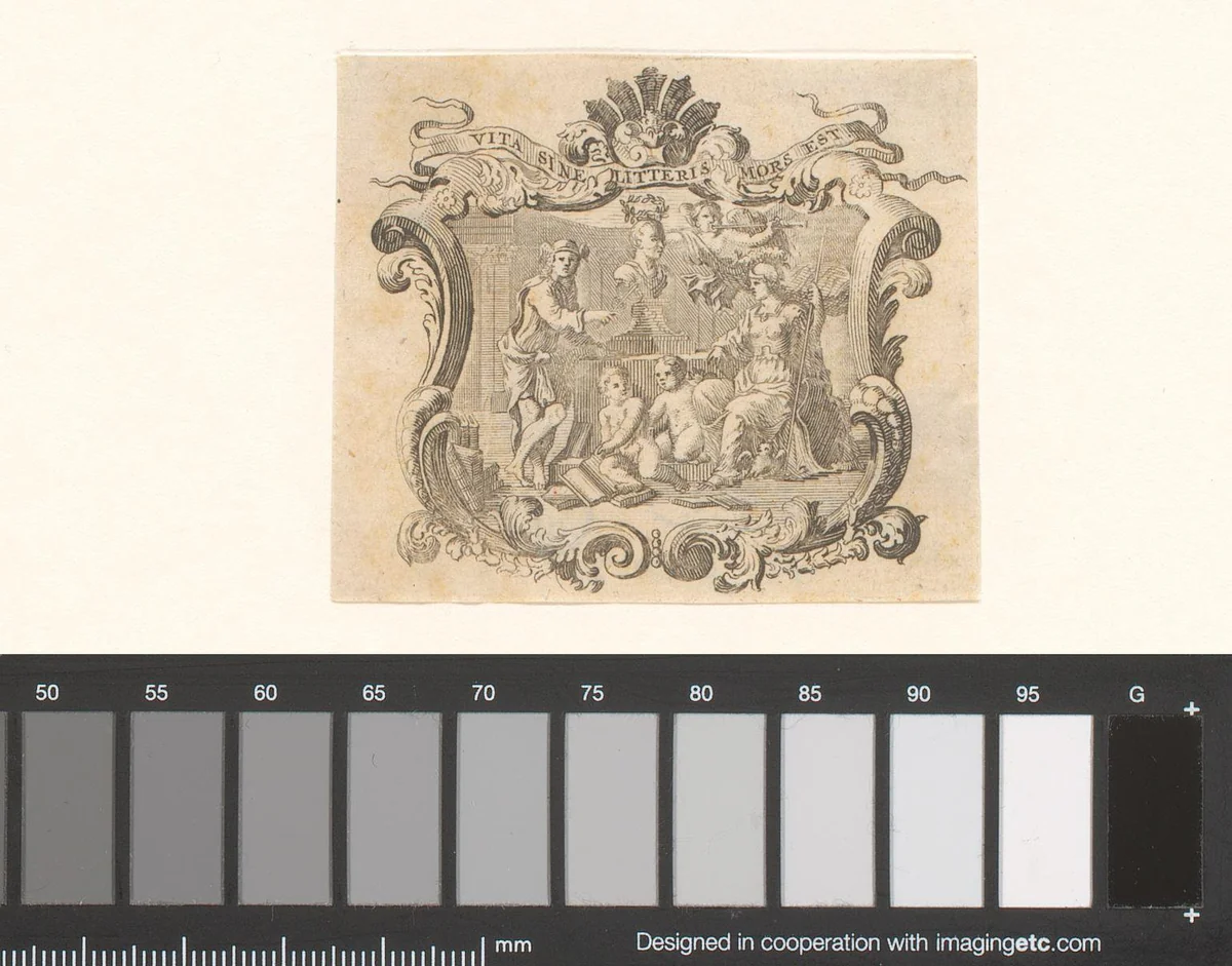 Vignet met Mercurius en Pallas Athene naast een buste by anonymous, print, 1700-1800