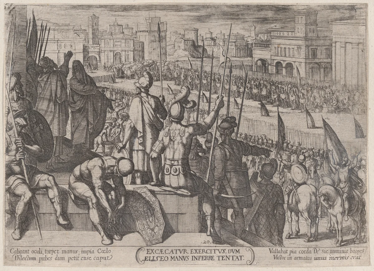 Plate 20: Elisha Bringing the Blinded Syrian Army to the King of Israel, from "The Battles of the Old Testament" by Antonio Tempesta, print, 1585-1615