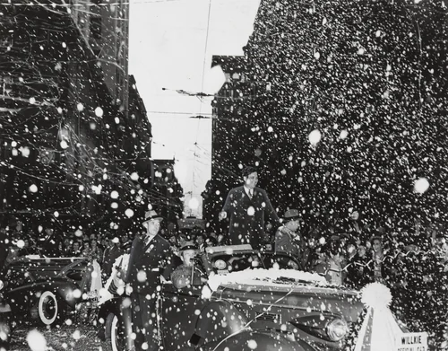 "A Showery Reception for Mr. Willkie in St. Louis" by Times Wide World Photos, photograph, 1940