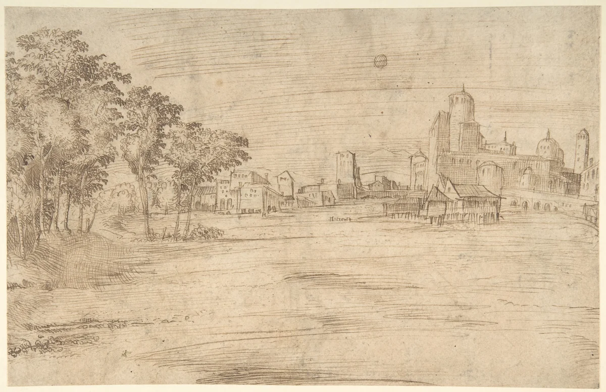 Landscape with Buildings (recto); Studies for a Flagellation (verso) by anonymous, drawing, 1500-1600