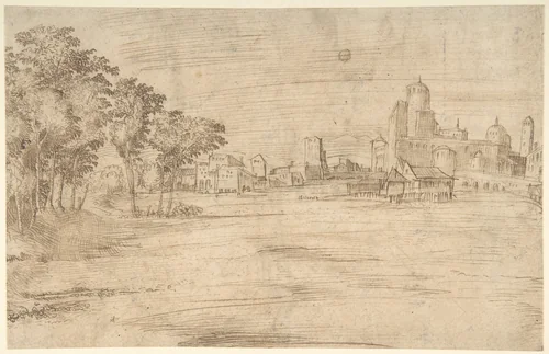 Landscape with Buildings (recto); Studies for a Flagellation (verso) by anonymous, drawing, 1500-1600