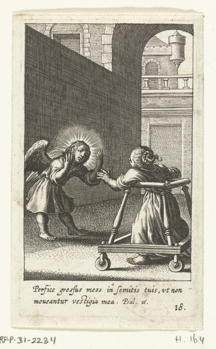 Engel leert kind lopen in looprekje by Boëtius Adamsz. Bolswert, print, 1590-1624