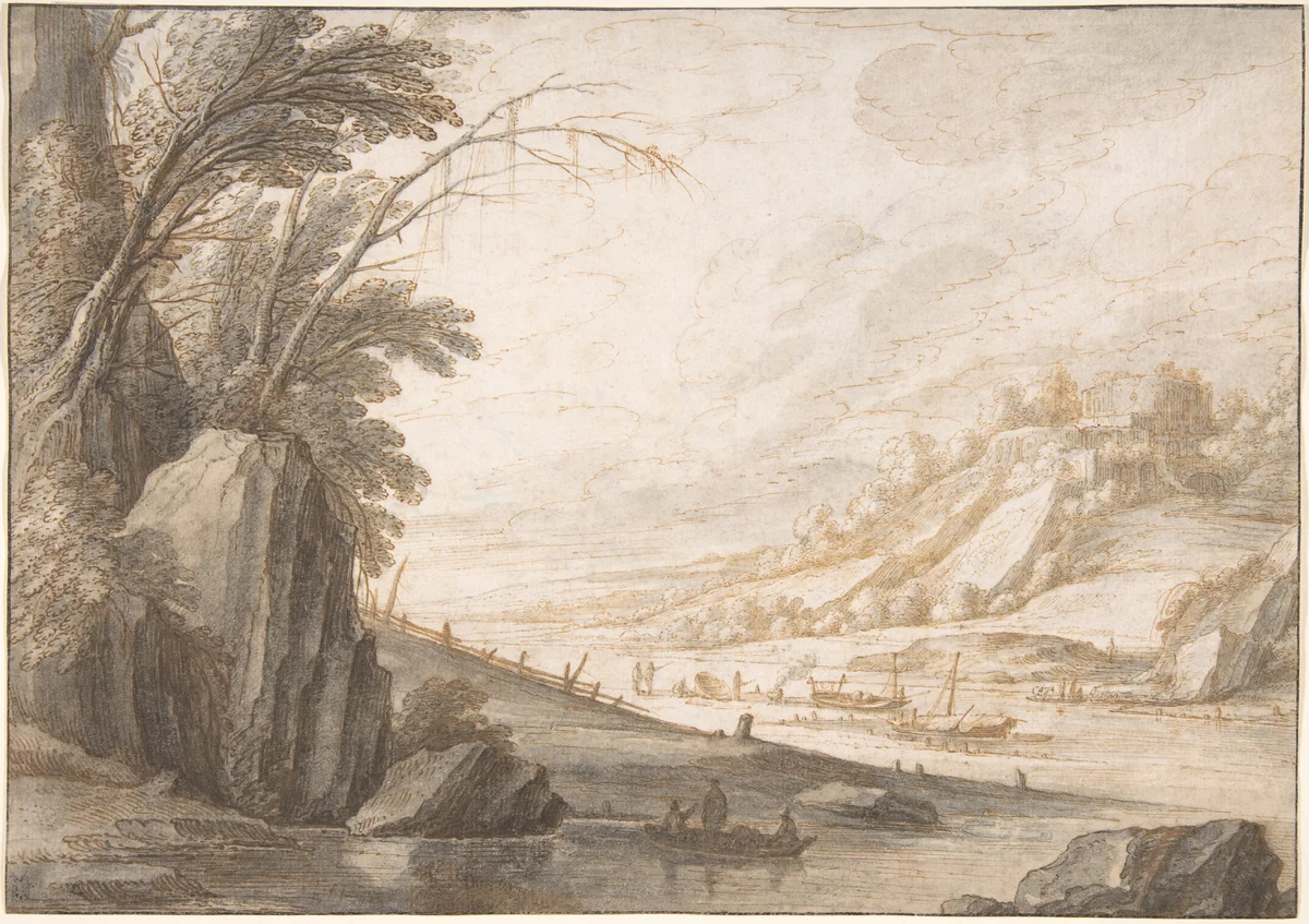 Landscape with Fishermen by Maerten de Cock, drawing, 1580-1665