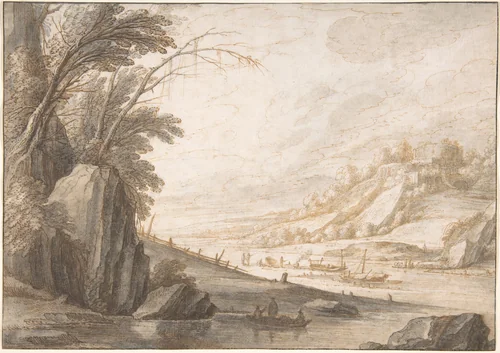 Landscape with Fishermen by Maerten de Cock, drawing, 1580-1665
