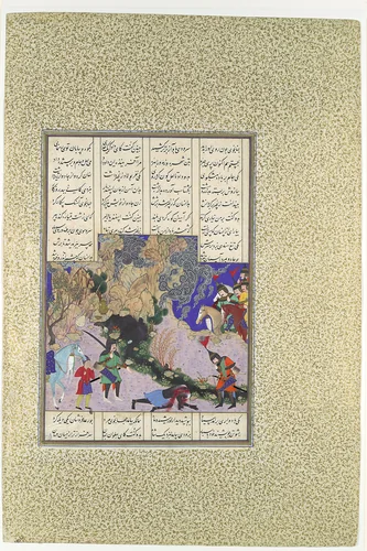 "Isfandiyar's Fourth Course: He Slays a Sorceress", Folio 435v from the Shahnama (Book of Kings) of Shah Tahmasp by Abu'l Qasim Firdausi, manuscript, 1500-1555