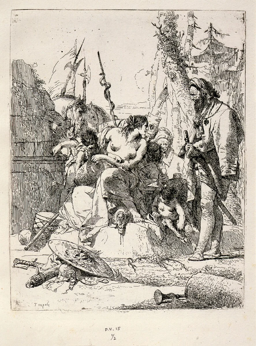Seated Woman and Standing Man Surrounded by Other Figures and Paraphernalia by Giovanni Battista Tiepolo, print, 1696-1770