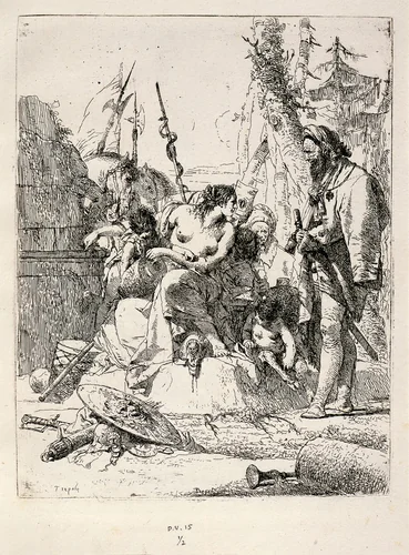 Seated Woman and Standing Man Surrounded by Other Figures and Paraphernalia by Giovanni Battista Tiepolo, print, 1696-1770