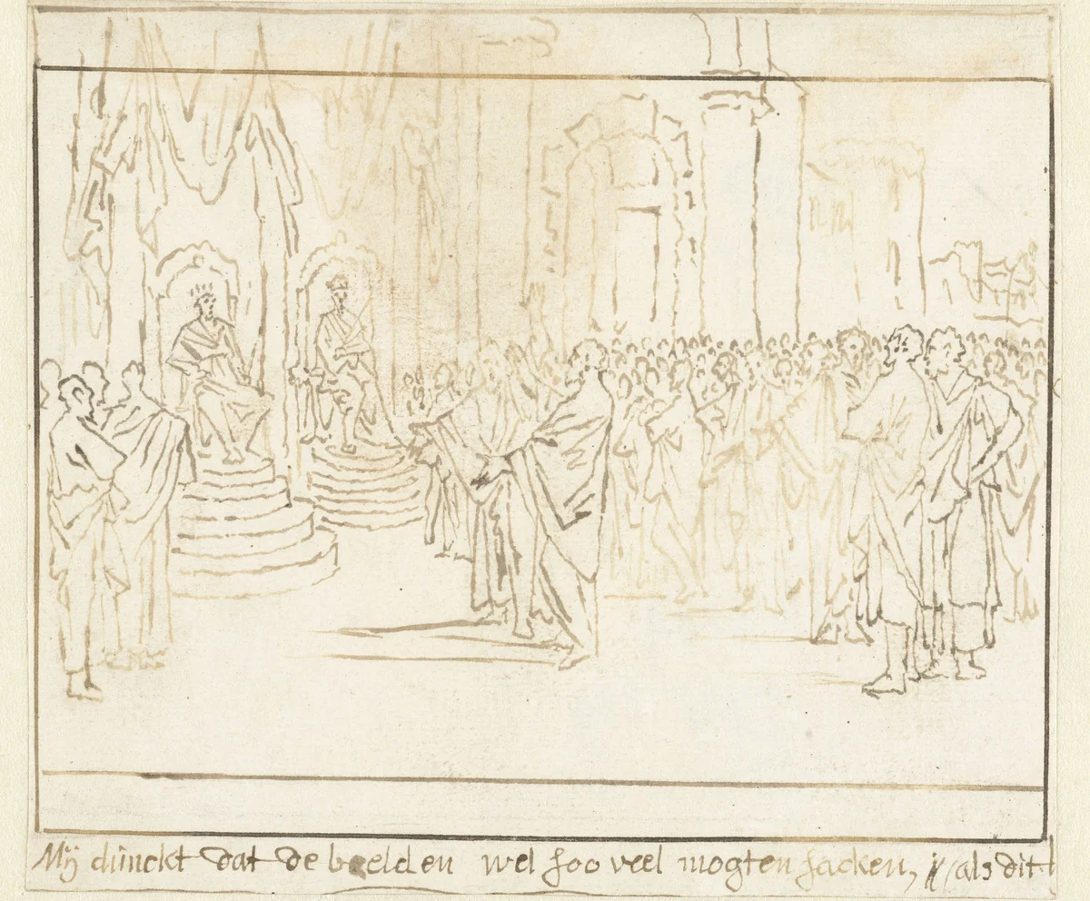 Profeet Micha voor de koningen Achab en Josaphat by Caspar Luyken, drawing, 1710-1712