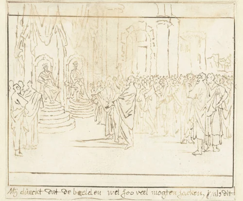 Profeet Micha voor de koningen Achab en Josaphat by Caspar Luyken, drawing, 1710-1712