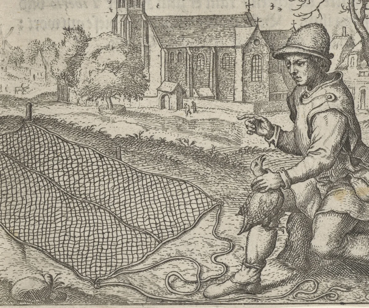 Fabel van de vogelvanger en de patrijs by Aegidius Sadeler, print, 1608