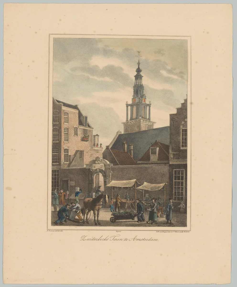 Gezicht op de Zuiderkerkstoren te Amsterdam by anonymous, print, 1828