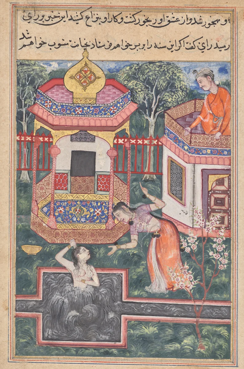 The son of the king of Babylon sees the Brahman transformed into a woman bathing and falls in love with her, from a Tuti-nama (Tales of a Parrot): Thirty-fifth Night by Unknown, painting, 1555-1565