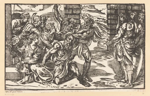 Simson vecht met Filistijnse soldaten by Titiaan, print, 1540-1545