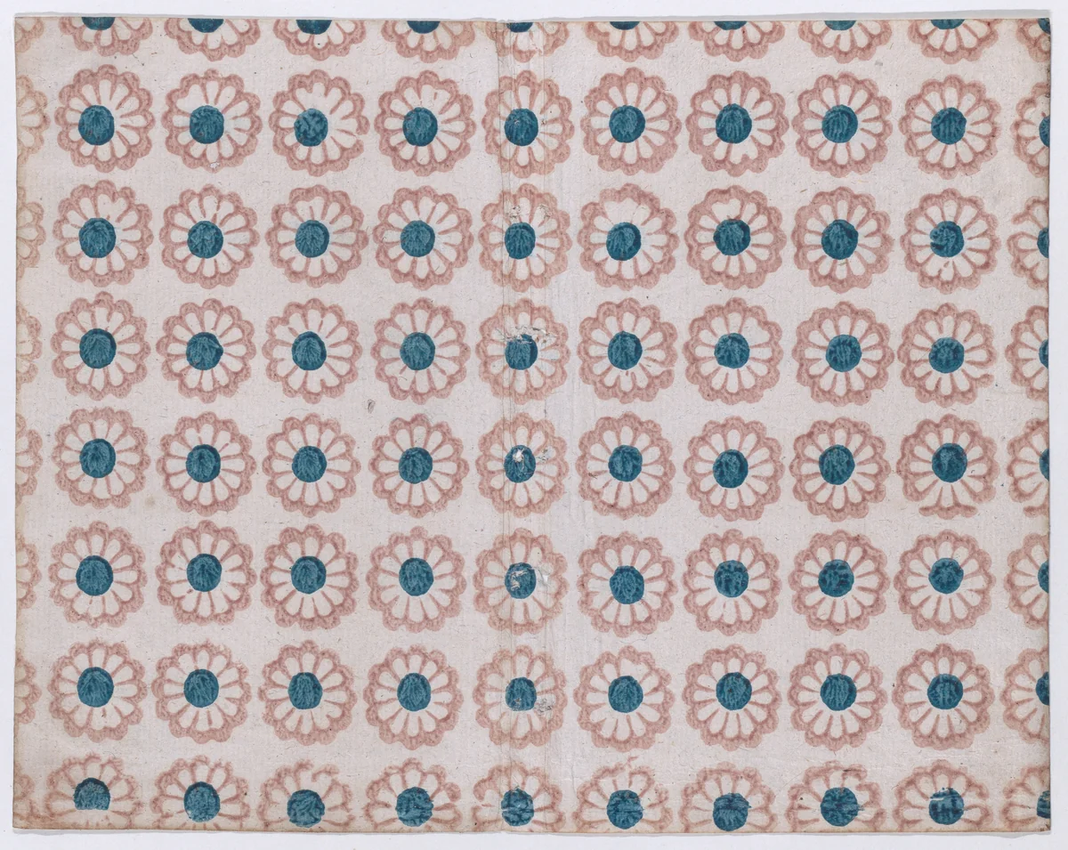 Sheet with overall pattern of pink flowers with blue centers by anonymous, print, 1800-1900