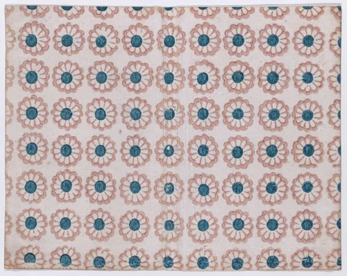 Sheet with overall pattern of pink flowers with blue centers by anonymous, print, 1800-1900