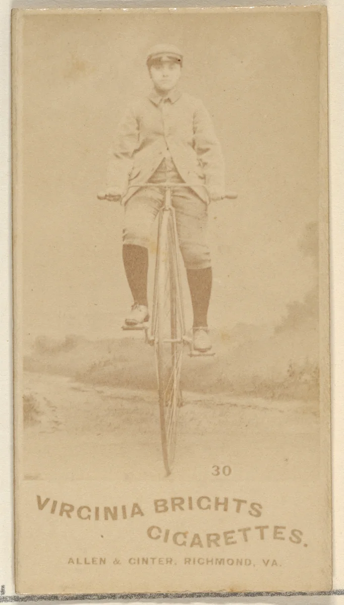 Card 30, from the Girl Cyclists series (N49) for Virginia Brights Cigarettes by Allen & Ginter, photograph, 1887