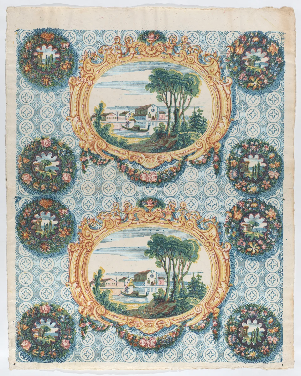 Sheet with two borders with landscapes within frames and wreaths by anonymous, print, 1775-1875