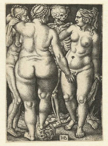 Dood en drie staande naakte vrouwen by Unknown, print, 1510-1550