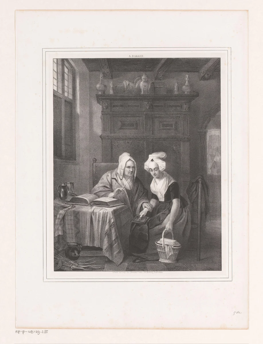 Oude en jonge vrouw in een interieur by anonymous, print, 1839-1846