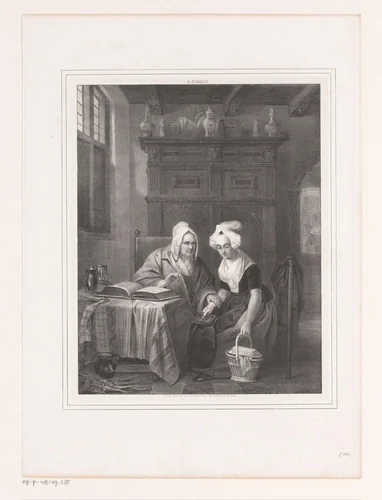 Oude en jonge vrouw in een interieur by anonymous, print, 1839-1846