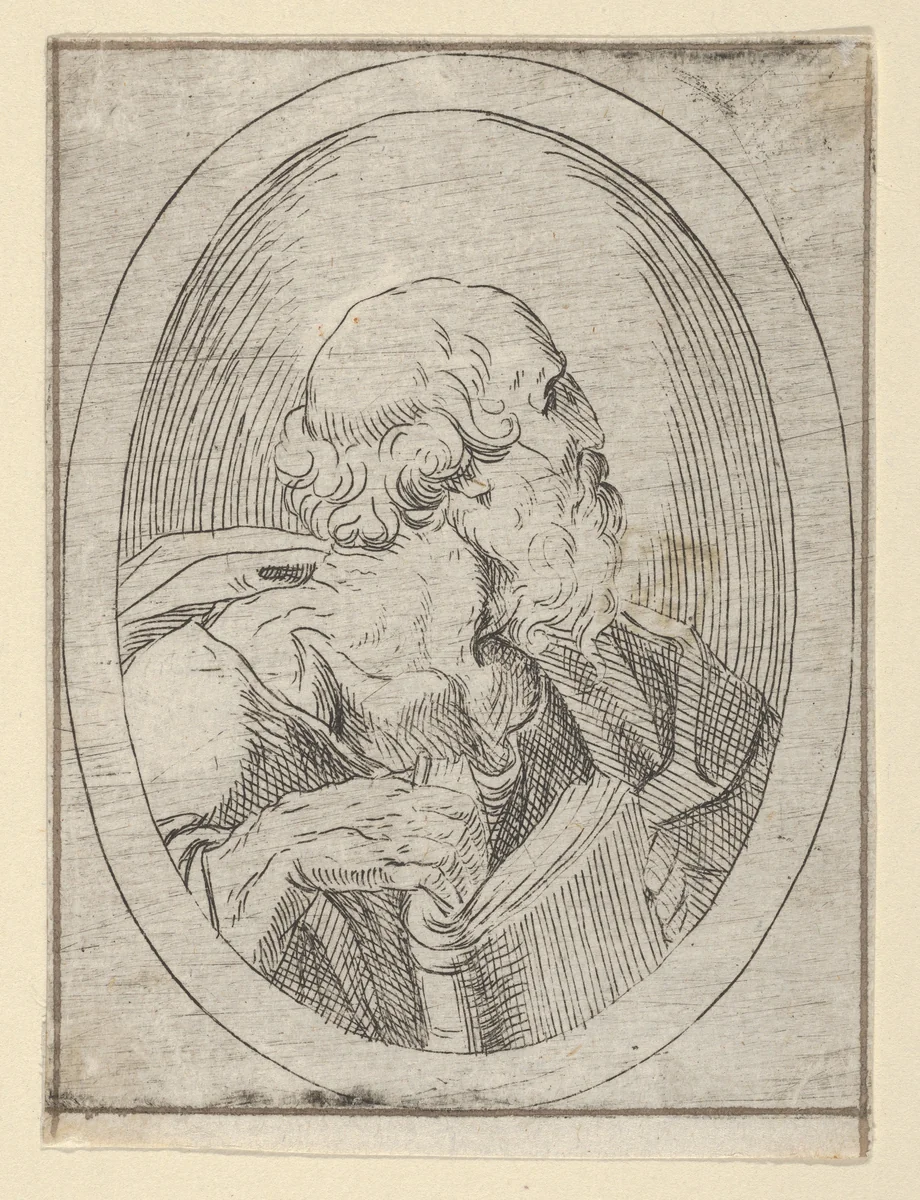 An apostle seen in profile facing right, holding an open book, in an oval frame, from "Christ, the Virgin, and Thirteen Apostles" by anonymous, print, 1600-1640