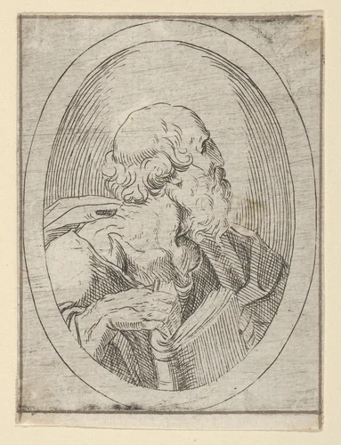 An apostle seen in profile facing right, holding an open book, in an oval frame, from "Christ, the Virgin, and Thirteen Apostles" by anonymous, print, 1600-1640