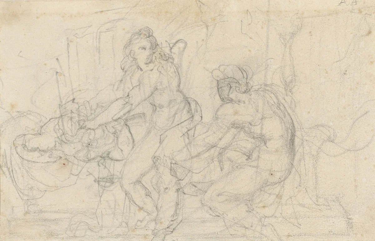 Twee figurenstudies van een zittende en een staande mannelijk naakt by Théodore Géricault, drawing, 1801-1824