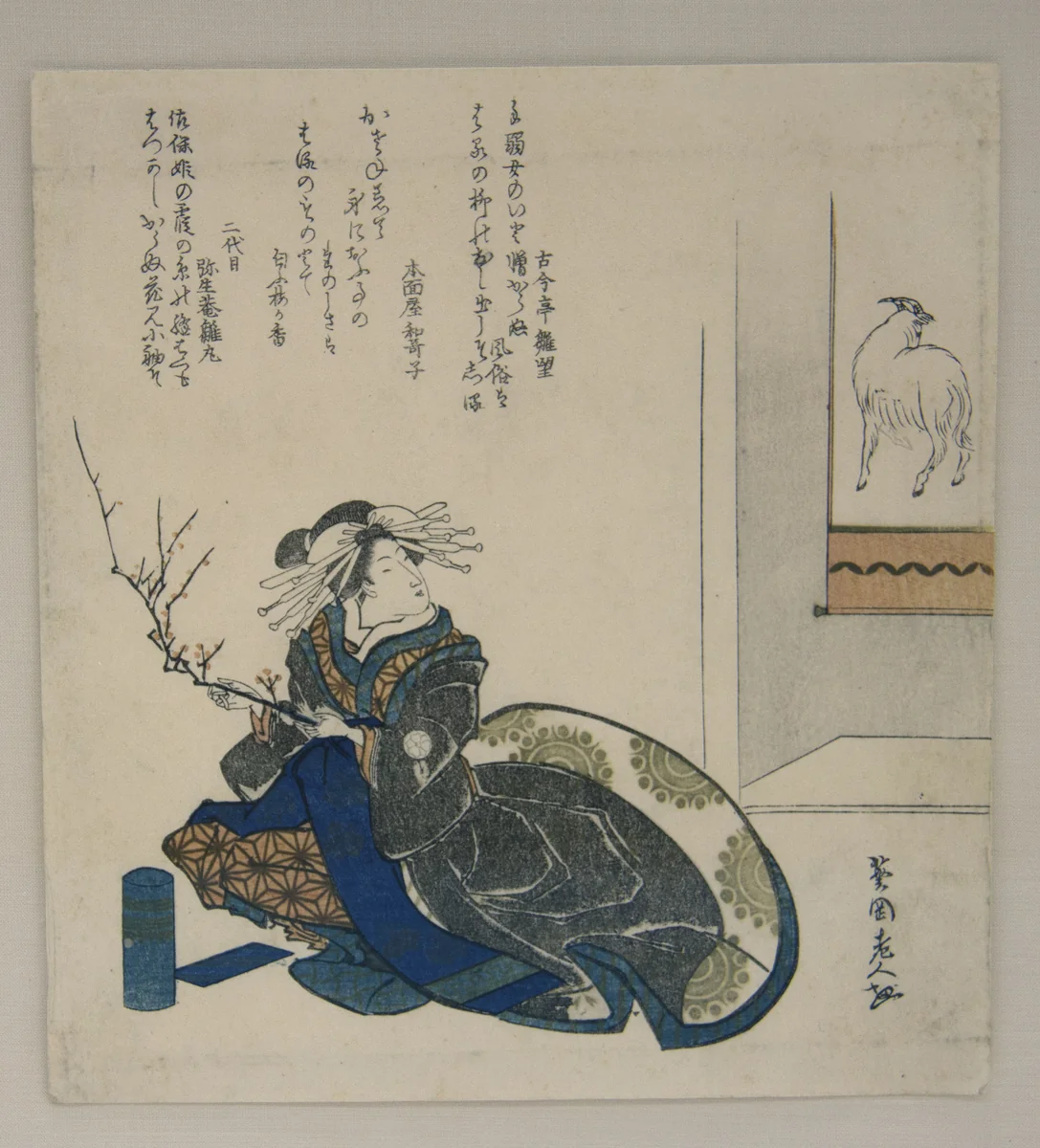 Courtesan with Branch of Plum Blossoms by Totoya Hokkei (魚屋北渓), print, 1835