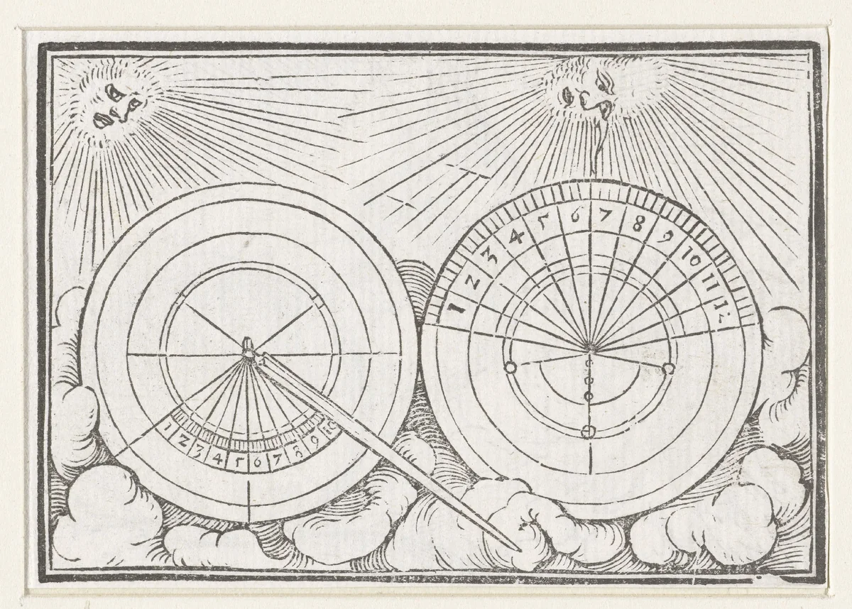 Schaduw op zonnewijzer teruggezet voor Hizkia by Hans Holbein, print, 1538