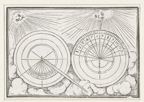 Schaduw op zonnewijzer teruggezet voor Hizkia by Hans Holbein, print, 1538