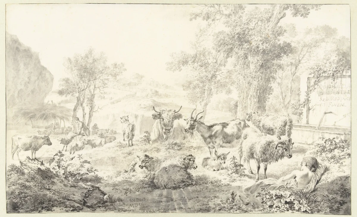 Reclining Shepherdess with a Flock of Sheep and Goats by Simon van der Does, drawing, 1700
