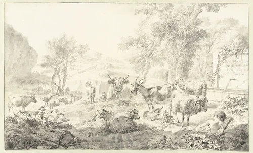 Reclining Shepherdess with a Flock of Sheep and Goats by Simon van der Does, drawing, 1700