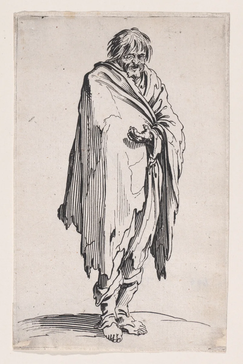 Le Mendiant a la Tête Découverte et aux Pieds Nuds (The Beggar with the Uncovered Head and Bare Feet), from "Les Gueux suite appelée aussi Les Mendiants, Les Baroni, ou Les Barons" (The Beggars, also called the Barons) by Jacques Callot, print, 1618-1628