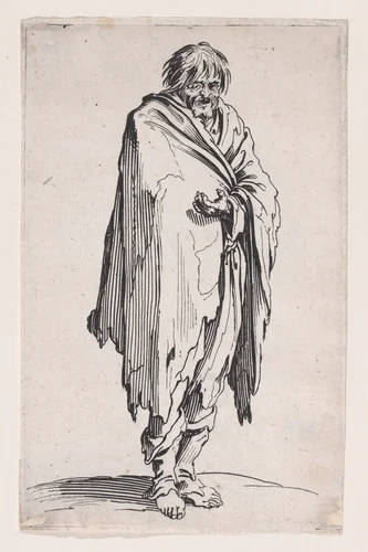 Le Mendiant a la Tête Découverte et aux Pieds Nuds (The Beggar with the Uncovered Head and Bare Feet), from "Les Gueux suite appelée aussi Les Mendiants, Les Baroni, ou Les Barons" (The Beggars, also called the Barons) by Jacques Callot, print, 1618-1628