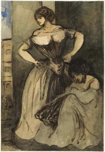 Two Women by Constantin Guys, drawing, 1835-1845