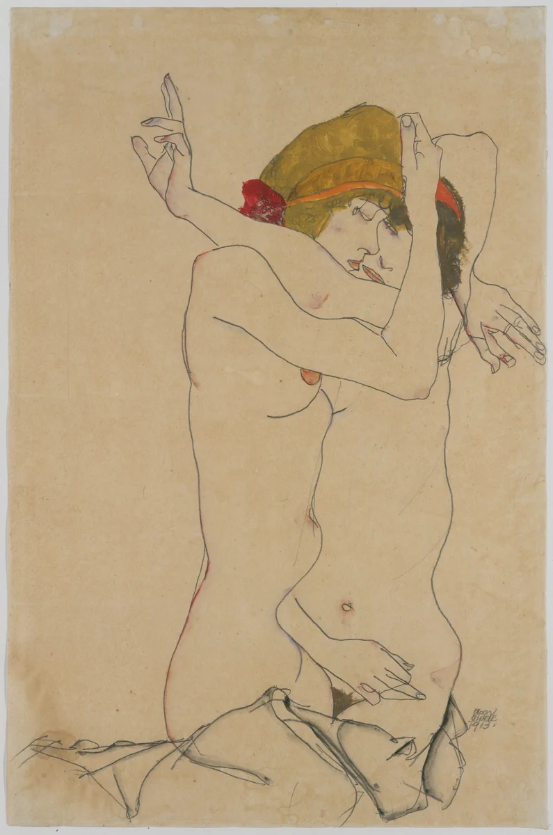 Two Women Embracing by Egon Schiele, drawing, 1913