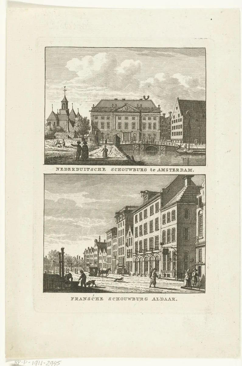 Gezicht op de schouwburg aan het Leidseplein en de Franse Schouwburg te Amsterdam by Carel Frederik Bendorp, print, 1786-1792