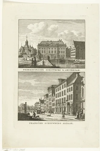 Gezicht op de schouwburg aan het Leidseplein en de Franse Schouwburg te Amsterdam by Carel Frederik Bendorp, print, 1786-1792
