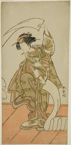 The Actor Segawa Kikunojo III as the Courtesan Kisegawa in a "Nuno Sarashi" Dance, in the Play Hana-zumo Genji Hiiki, Performed at the Nakamura Theater in the Eleventh Month, 1775 by Katsukawa Shunsho (勝川 春章), print, 1770-1780