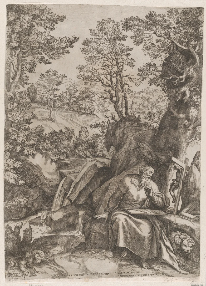 St Jerome Translating the Bible in the Wilderness by Cornelis Cort, print, 1573