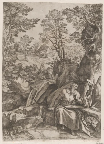 St Jerome Translating the Bible in the Wilderness by Cornelis Cort, print, 1573