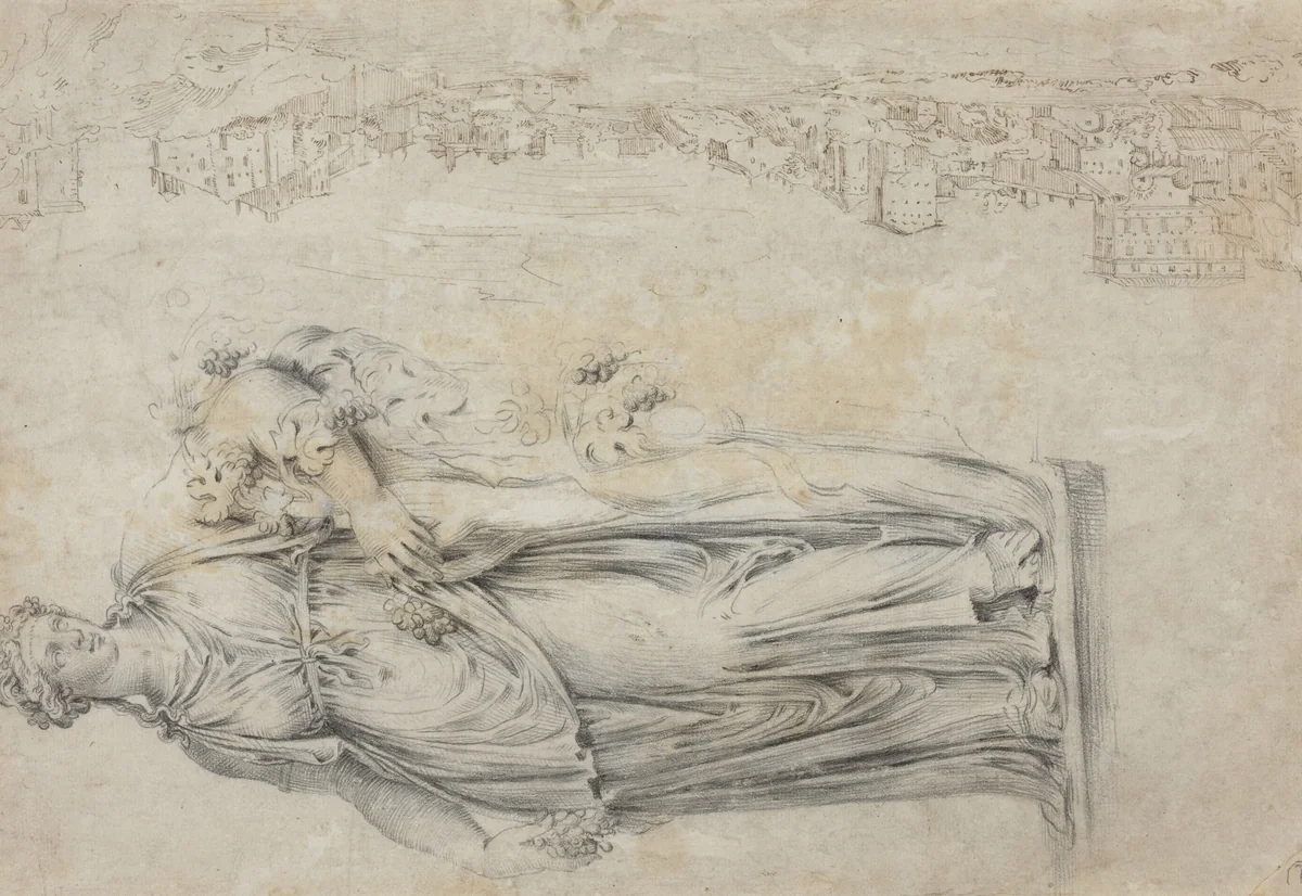 View of the Tiber; Copy of a Roman Sculpture of a Bacchante [verso] by Étienne Dupérac, drawing, 1552-1566