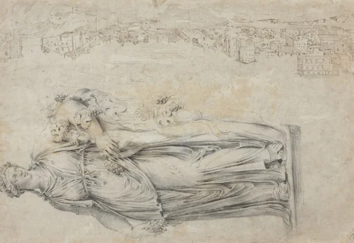 View of the Tiber; Copy of a Roman Sculpture of a Bacchante [verso] by Étienne Dupérac, drawing, 1552-1566