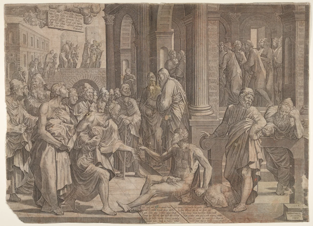 Saint John and Saint Peter Healing the Cripple by Lambert Suavius, print, 1553