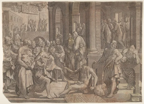 Saint John and Saint Peter Healing the Cripple by Lambert Suavius, print, 1553