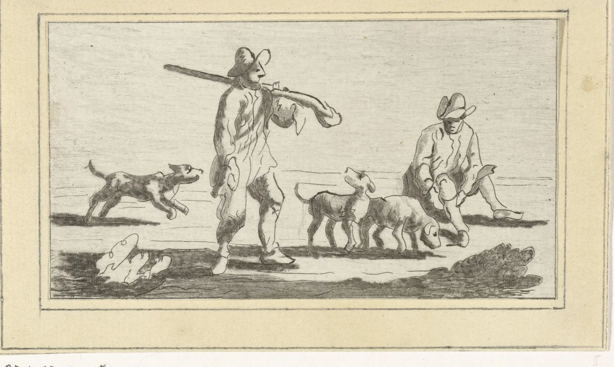 Twee jagers met drie jachthonden by Jacob Hoolaart, print, 1728-1789
