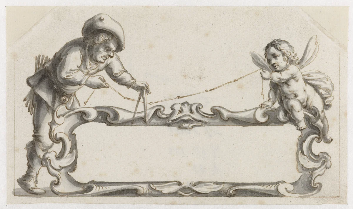 Cartouche omgeven door een man en een putto by Pieter Jansz, drawing, 1657-1662